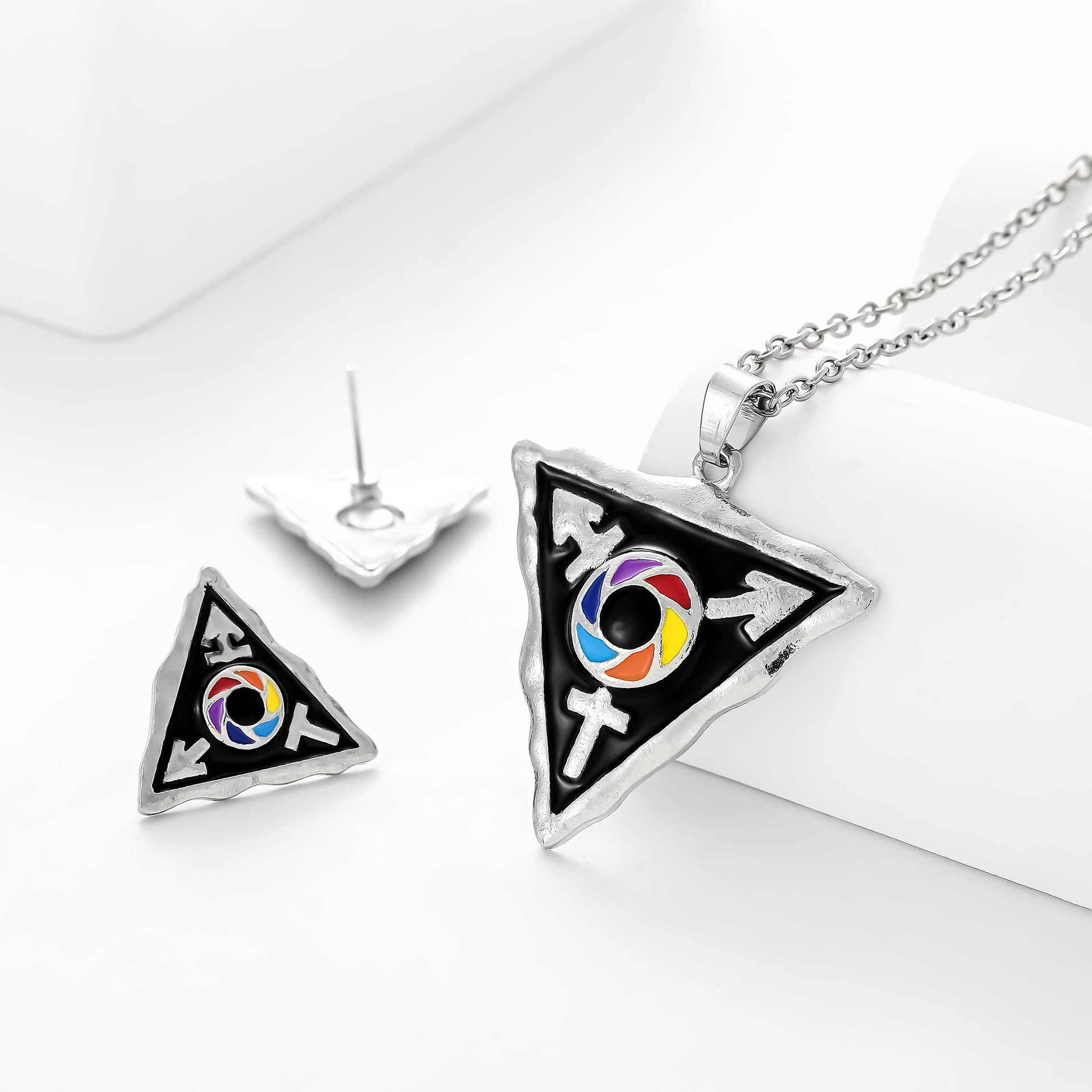 Wholesale  personality drop oil color triangle multi gender necklace earrings  suit