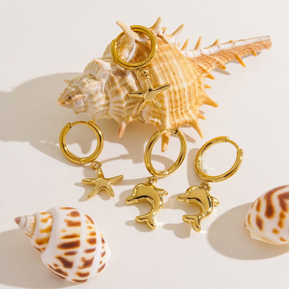 Wholesale Stainless Steel Tropical Sea Elements Starfish Dolphin Necklace Earrings Jewelry suit