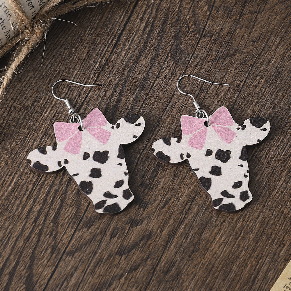 Wholesale Bow Knot Cow Print Bull Head Earrings Double-Sided Wooden Earrings
