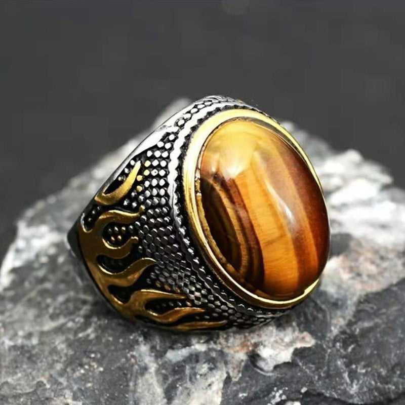Wholesale Antique Silver Zinc Alloy Tiger Eye Flame Geometric Ring Unisex Fashion Accessory Gift Boutique Resale