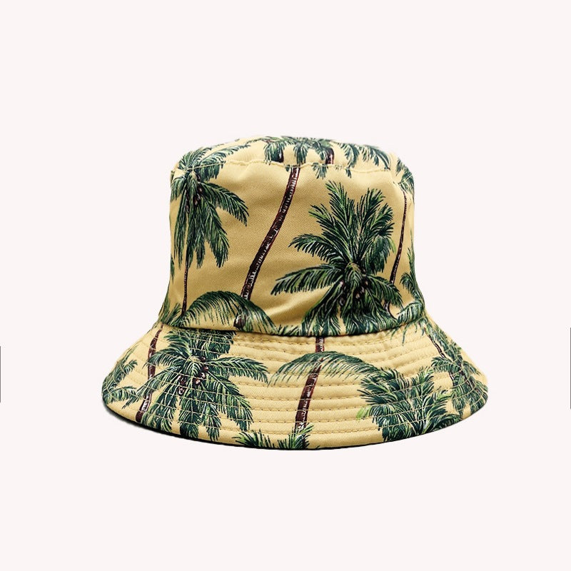 Wholesale Palm Tree Print Reversible Bucket Hat Breathable Autumn Hand-Painted Sun Hat Fashion Accessory