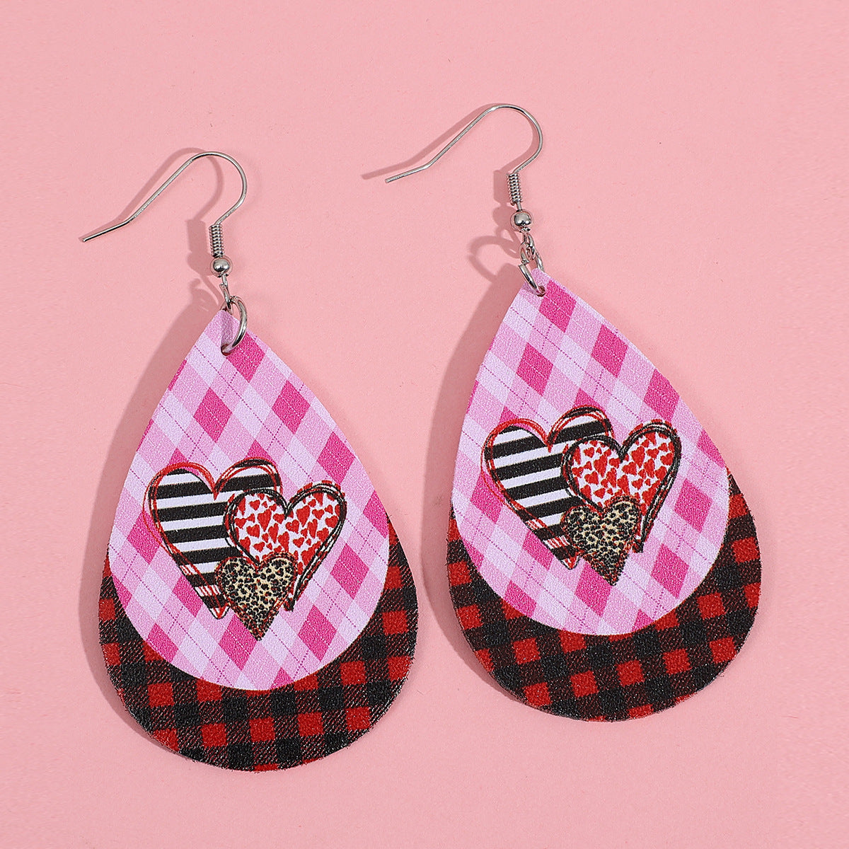 Wholesale Leather Earrings Water Drop Pink Peach Heart Double-Sided Design Fashion Accessory Party Gift