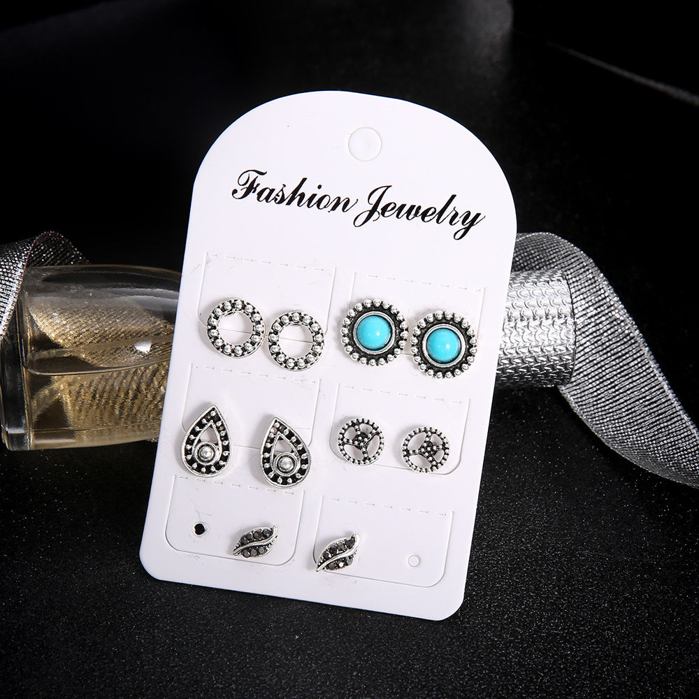 Wholesale Bohemian retro hollow turquoise geometric circle earrings