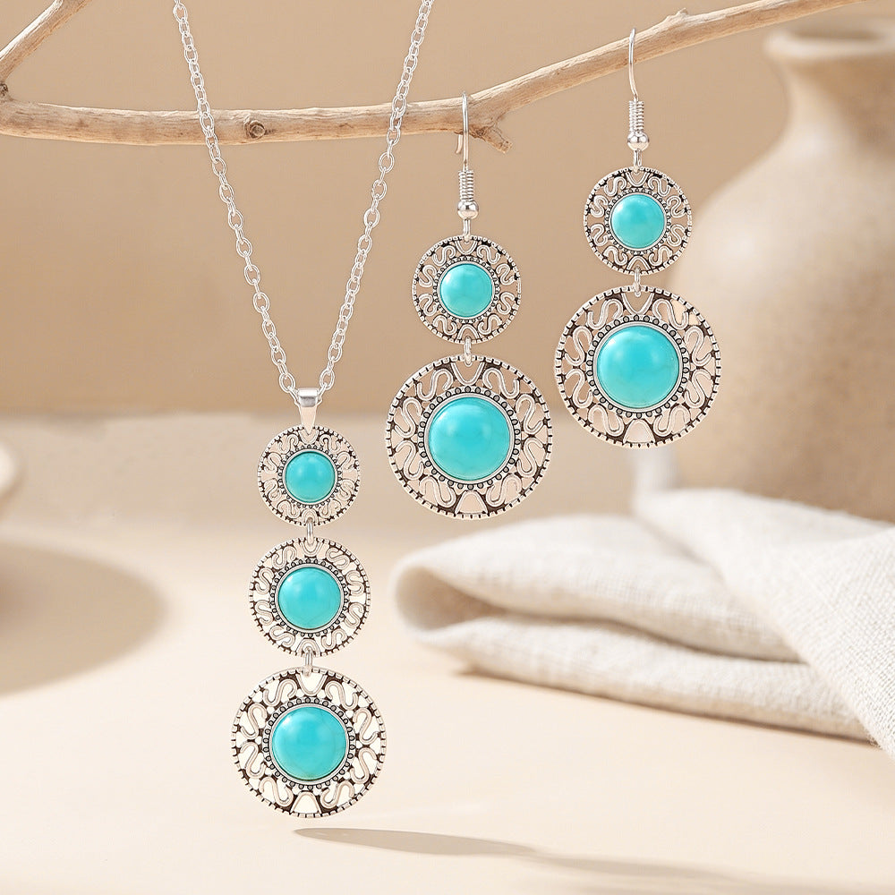 Wholesale Turquoise Ethnic Geometric Long Necklace &  Earrings Set - Boutique Jewelry Accessory