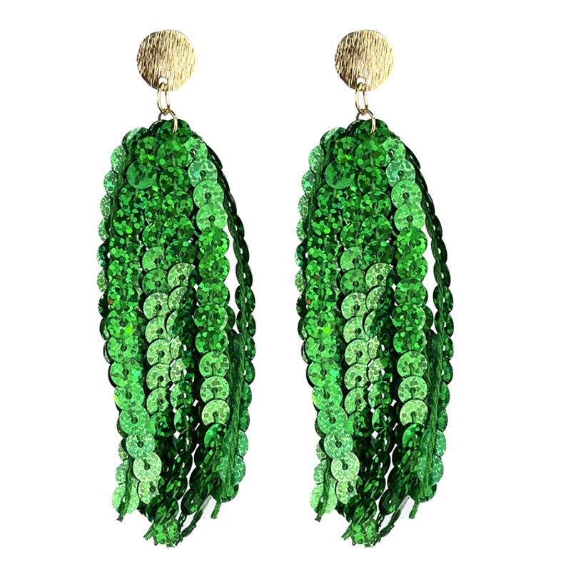 Wholesale 2 pairs/pack St. Patrick's Green Sparkling Tassel Metal Stud Earrings ACC-ES-HY225