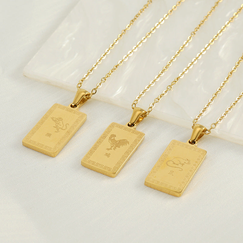 Wholesale Stainless Steel Zodiac Necklace with 18K Gold Plated Square Pendant ACC-NE-ZhongYao002