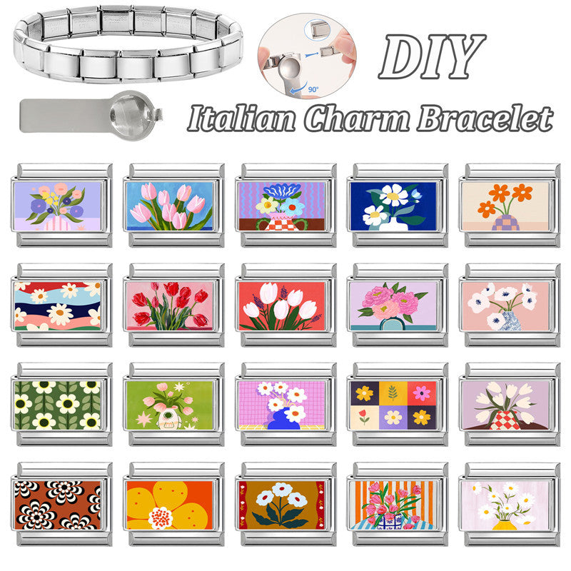 Wholesale  Italian Charm Bracelet 9mm DIY Fresh Floral-Themed  Creative Stainless Steel Composable Bracelet
