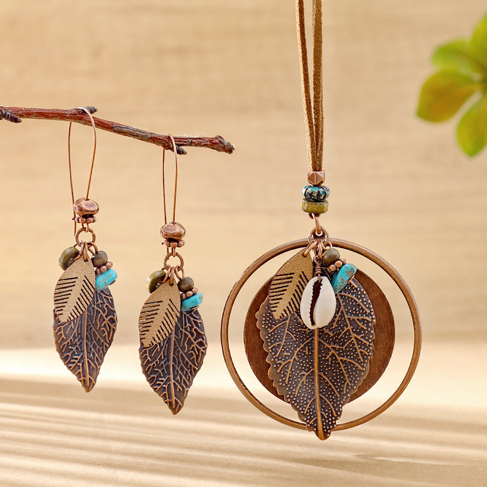 Wholesale European and American Cross-Border New Hot Selling Bohemian Style Retro Fashion Earrings Necklace Personalized Ethnic Style Leaf Earrings