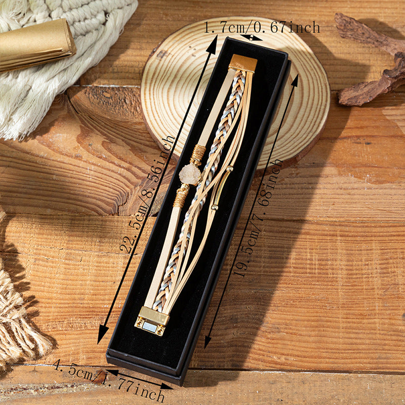 Wholesale stacked woven pu magnetic clasp winding diamond leather bracelet