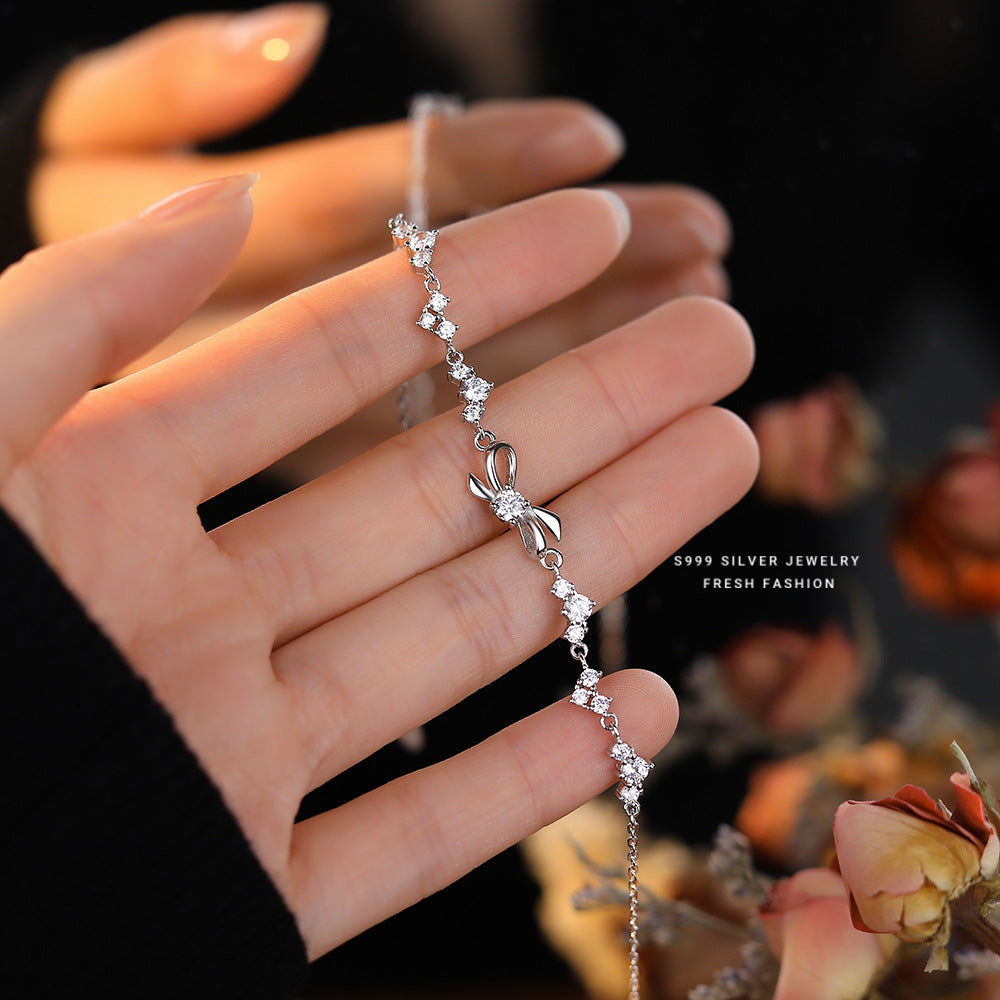 Wholesale s999 Silver Shiny Zircon Bow Bracelet Light Luxury Jewelry Bracelet
