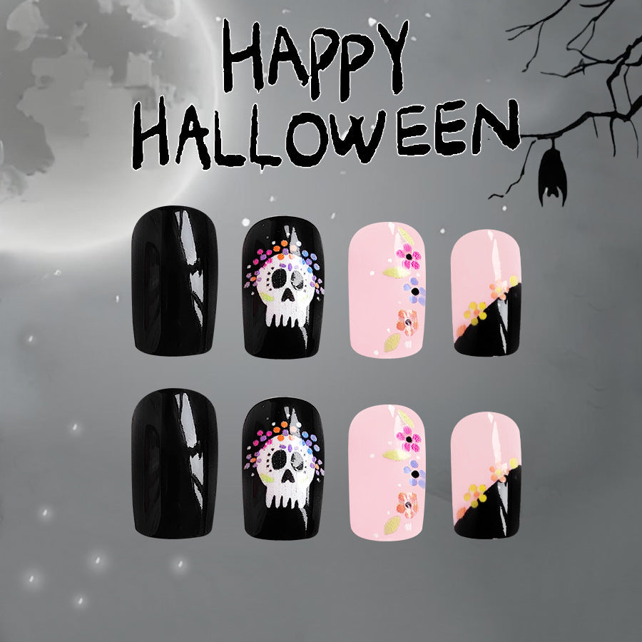 Wholesale 24 Pieces/box Halloween Skull Flowers Press-on Nails Kits Nail Stickers ACC-NS-GuaiXL080