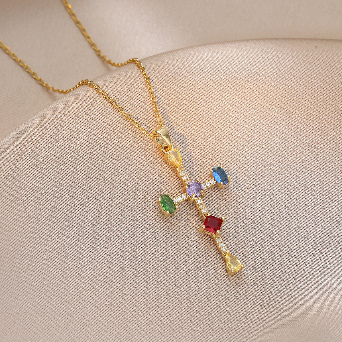 Wholesale Stylish Colorful Zircon Cross Necklace Copper Electroplated Fashion Accessory For Women Party Gift