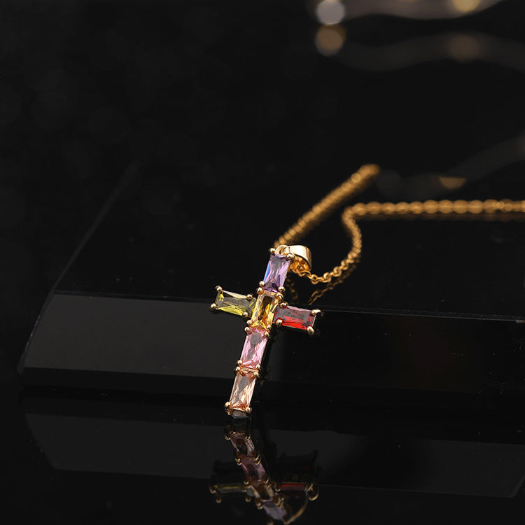 Wholesale Copper Electroplated Colorful Zircon Cross Pendant Necklace Stylish Hip Hop Fashion Jewelry Accessory Trendy Gift For Everyday Wear