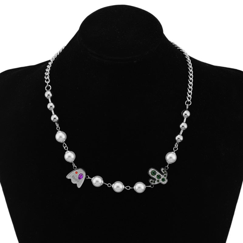 Wholesale Titanium Steel Cactus stitching necklace  creative funny ghost  pearl necklace