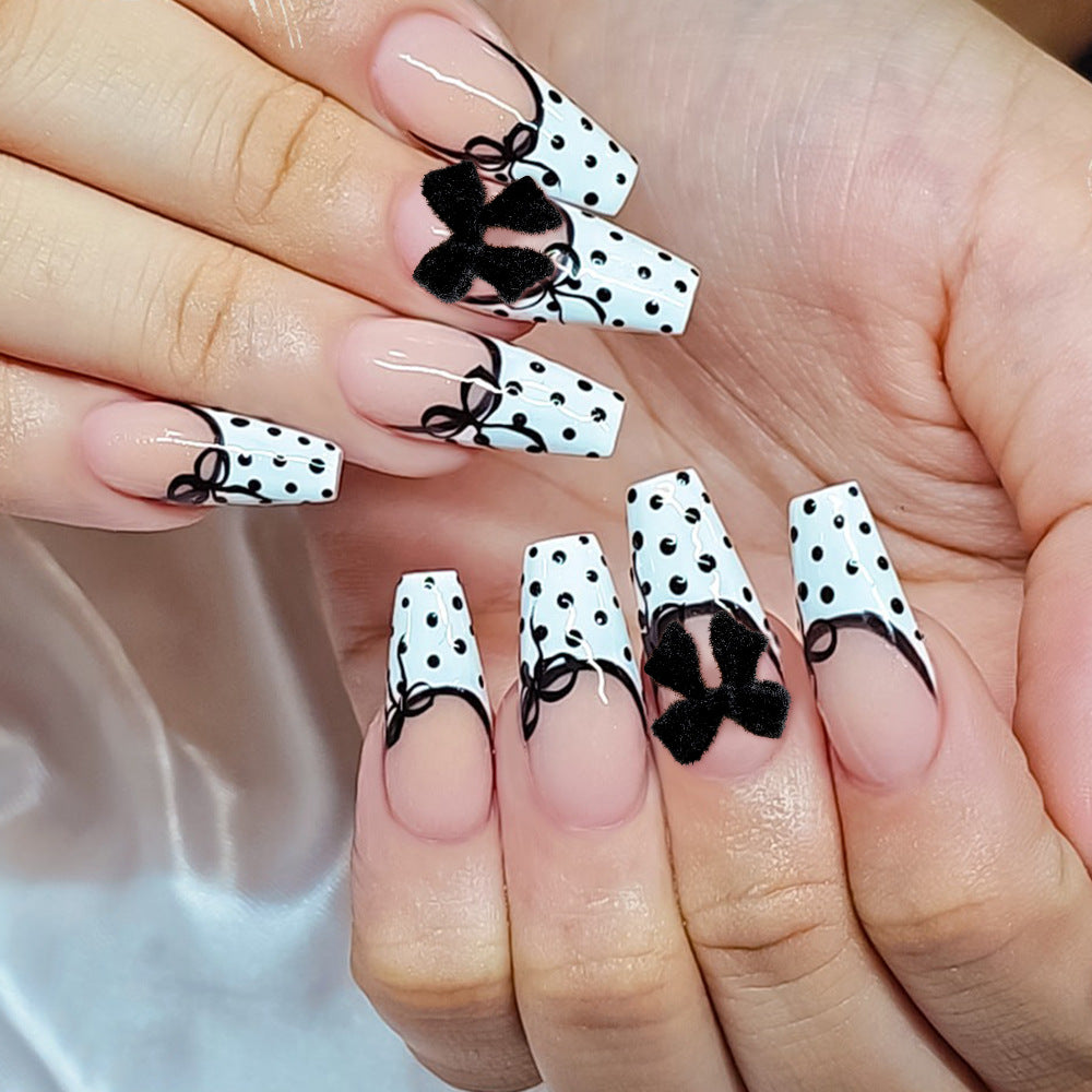 Wholesale 24Pcs Sweet 3D Bow Press On Nails Black White Spotted Nails Fashion Accessory
