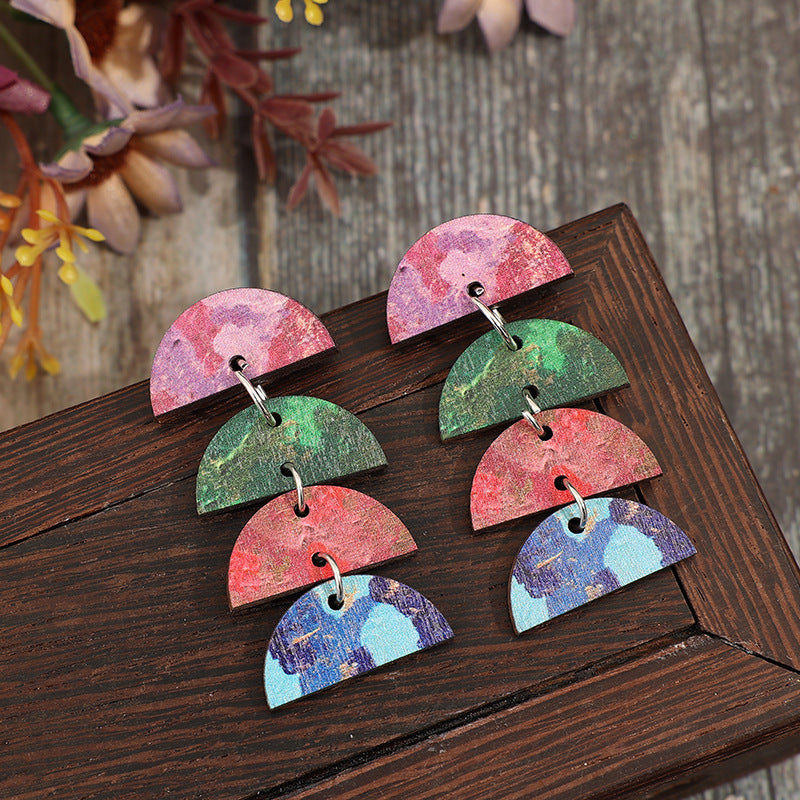 Wholesale Bohemian retro style half circle dyed stitching wooden earrings