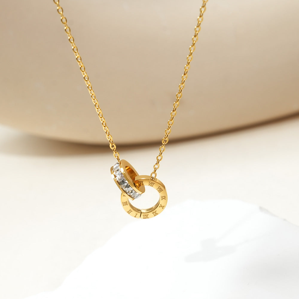 Wholesale Titanium steel double-ring diamond-set Roman numeral necklace