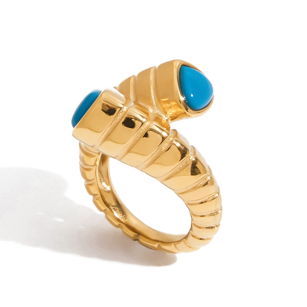 Wholesale 18K gold stainless steel blue turquoise cross ribbed ring