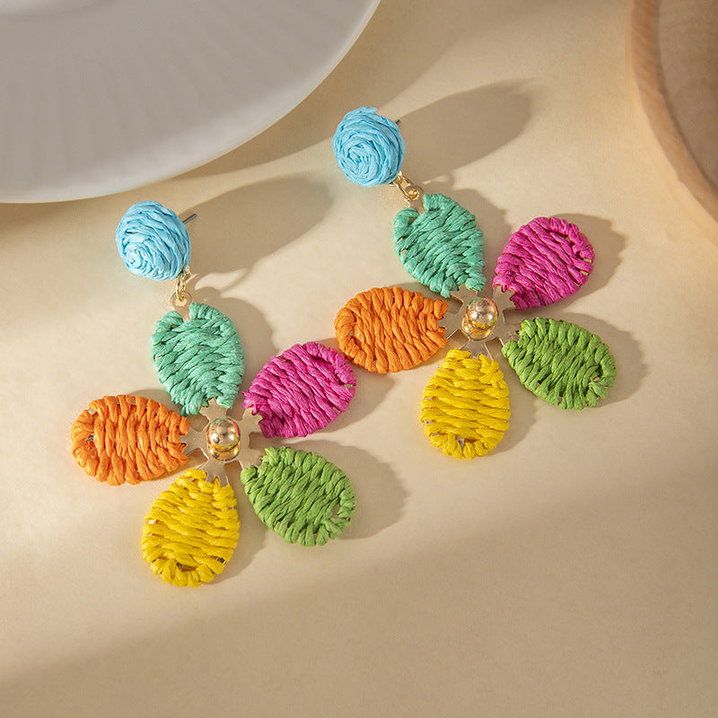 Wholesale Summer Vacation Colorful Woven Raffia Flower Earrings Women S Fashion Accessory Boutique Resale Gift
