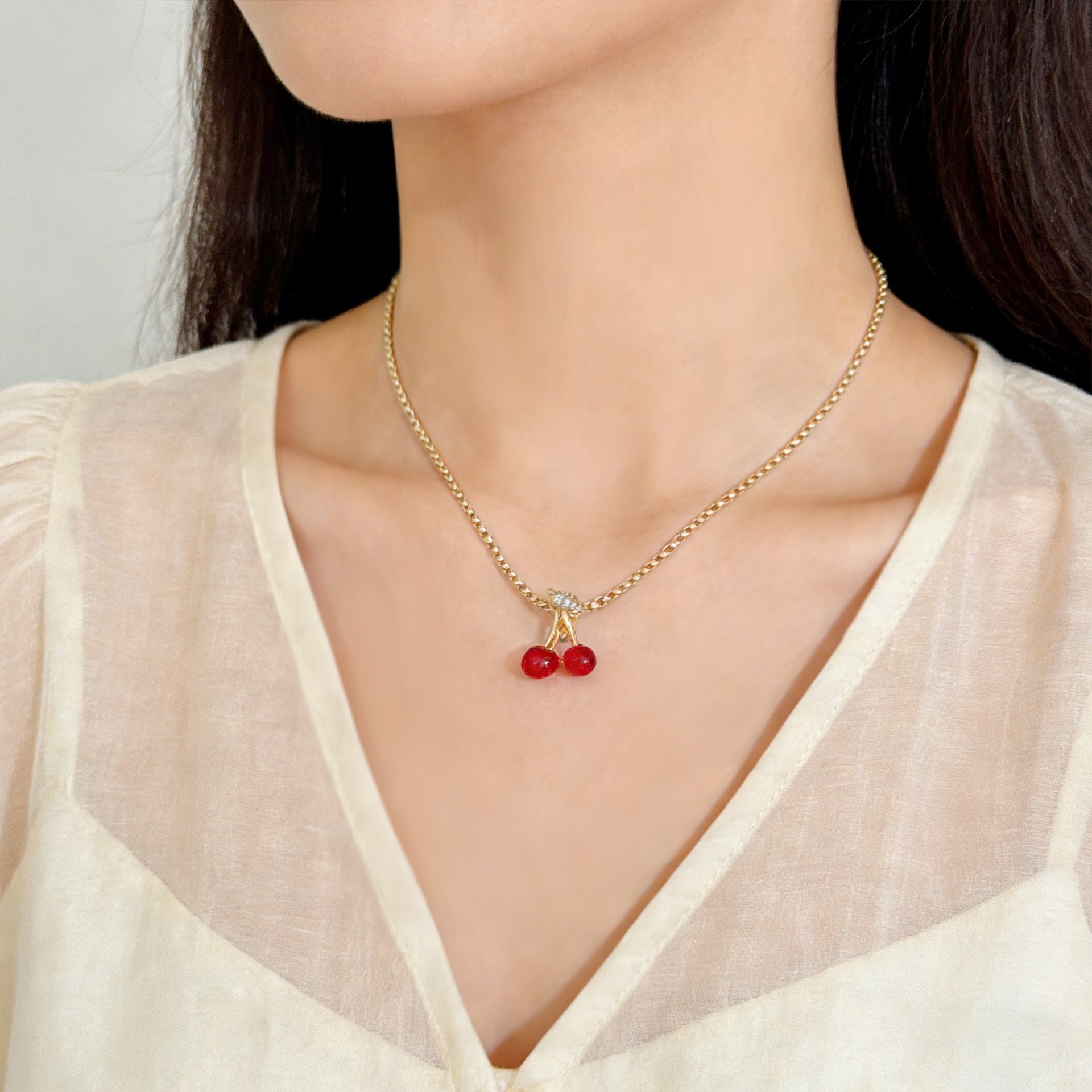 Wholesale Chic Cherry Pendant Collarbone Necklace Red Glass Charm Alloy Box Chain Fashion Jewelry Accessory For Everyday Wear