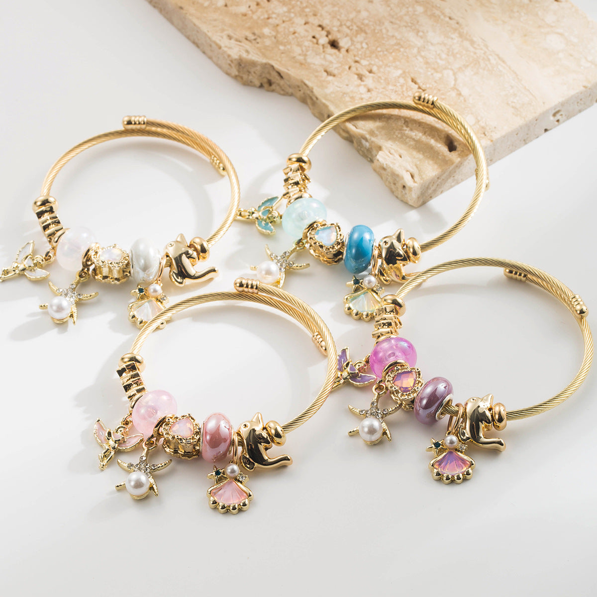 Wholesale Trendy Pearl Shell Starfish Bird Charm Bracelet Rhinestone Alloy Jewelry Accessory Gift