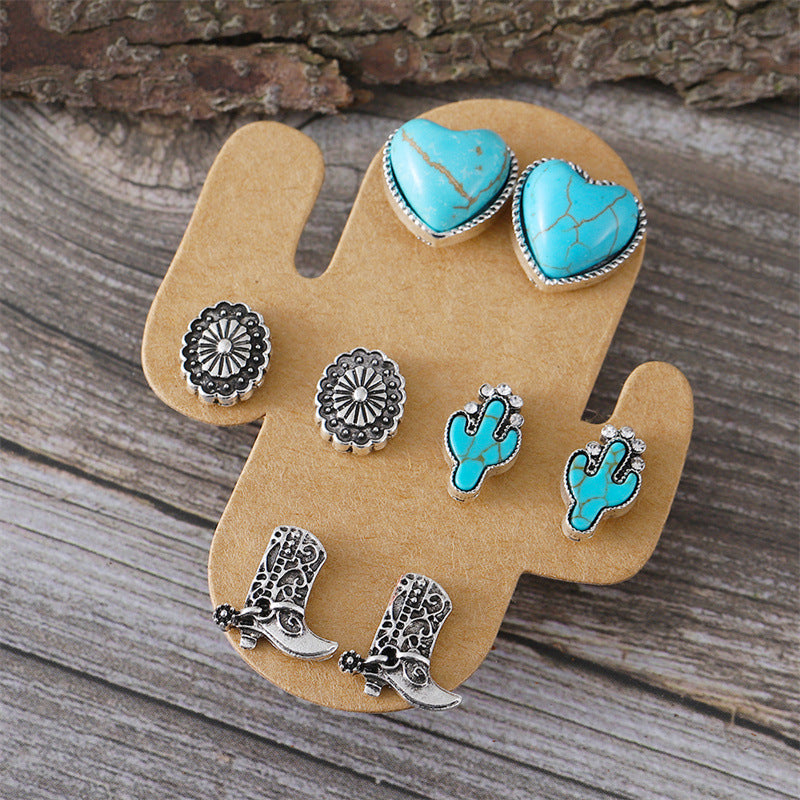 Wholesale 4pcs/set Retro Turquoise Love Cactus Cattle Head Cowboy Boots Earrings