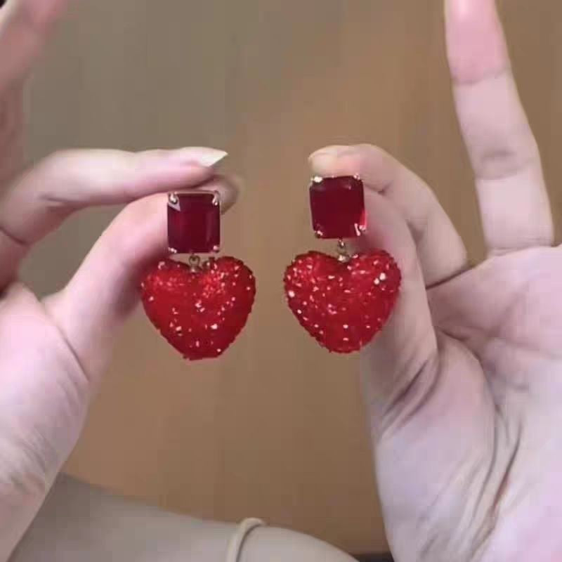 Wholesale Valentine's Day red gravel full diamond heart earrings