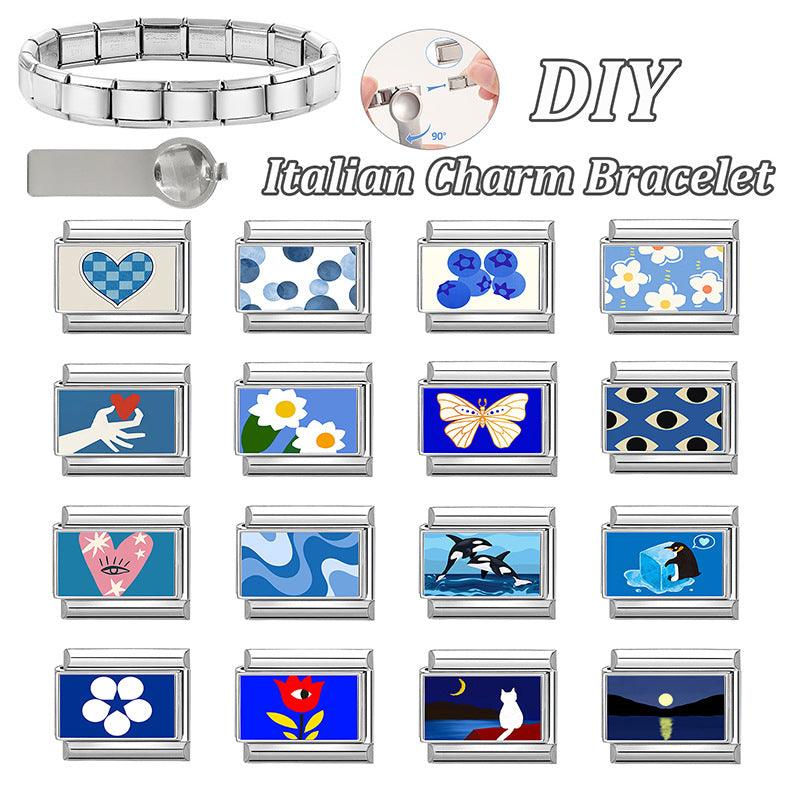 Wholesale Hearts and Love Italian Charms Blue series DIY square Single Section Creative Stainless Steel Composable Bracelet