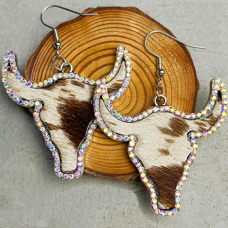 Wholesale 2pcs/ Pack Leather Western Style Rhinestone Bull Head Earrings