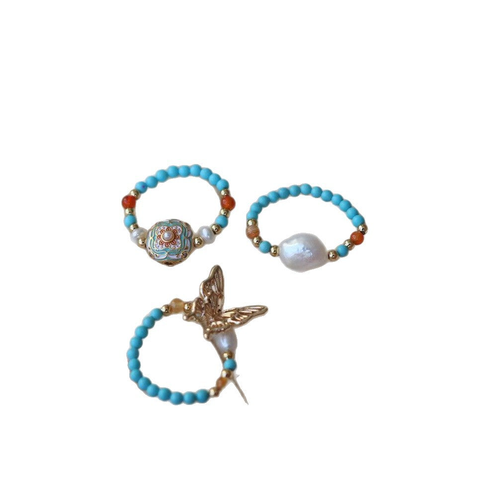 Wholesale Vintage Contrast Turquoise Agate Pearl Stretch Ring