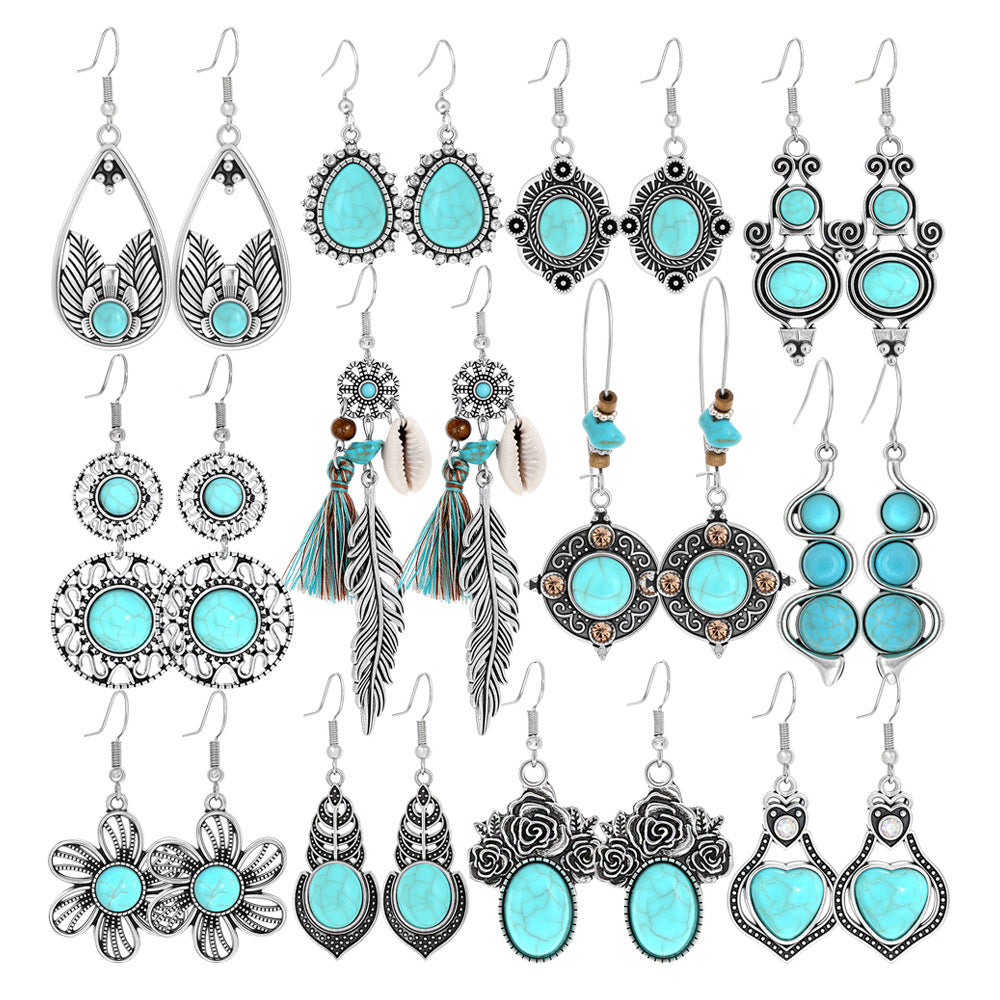 Wholesale Retro Bohemian Turquoise Alloy Earrings Party Wear Fashion Accessory