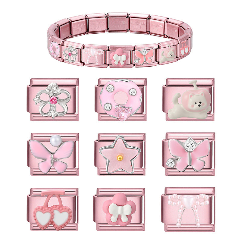 Wholesale 9mm Italian Charm Starter Bracelets pink series  DIY  Single Section Creative Stainless Steel Composable Bracelet