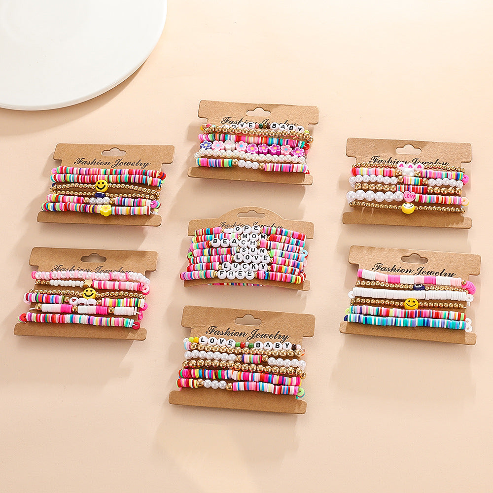 Wholesale Summer Colorful Soft Clay Pieces Smiling Face Beaded Elastic Bracelet Set ACC-BT-MY004