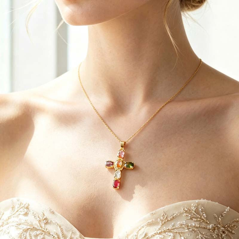 Wholesale Layering Colorful Cross Pendant Necklace Zinc Alloy Crystal Chain Fashion Accessory