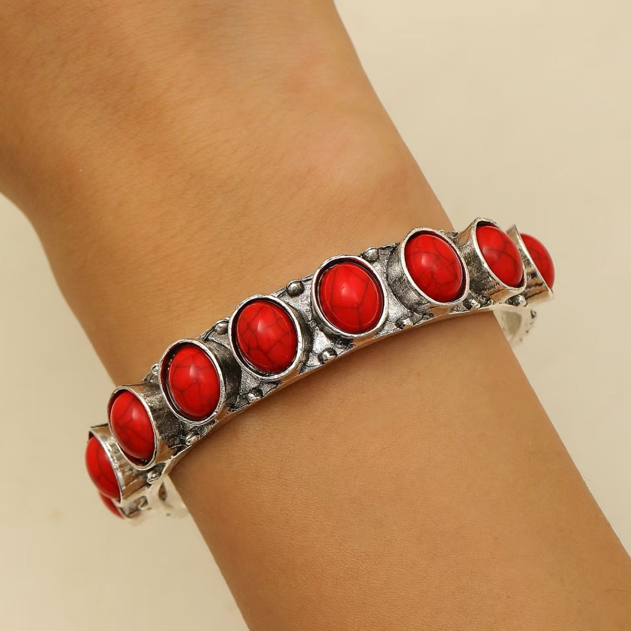 Wholesale Vintage Bohemian Bangle with Open Design and Turquoise Inlay