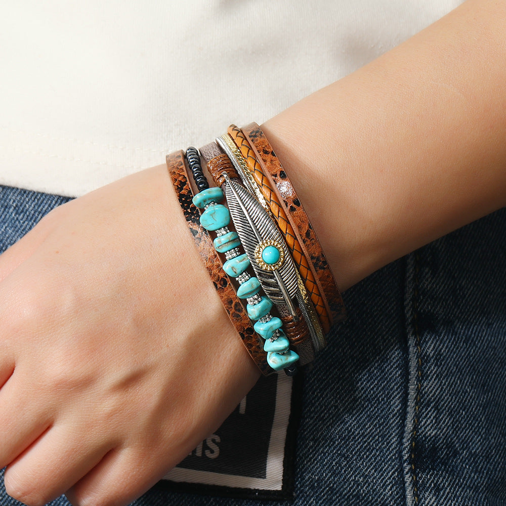Wholesale Turquoise Feather Multilayer Leopard Bracelet