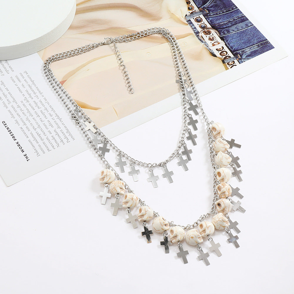 Wholesale Alloy  Punk Skull Cross Tassel Multi-Layer Necklace Fashion Accessory Gift