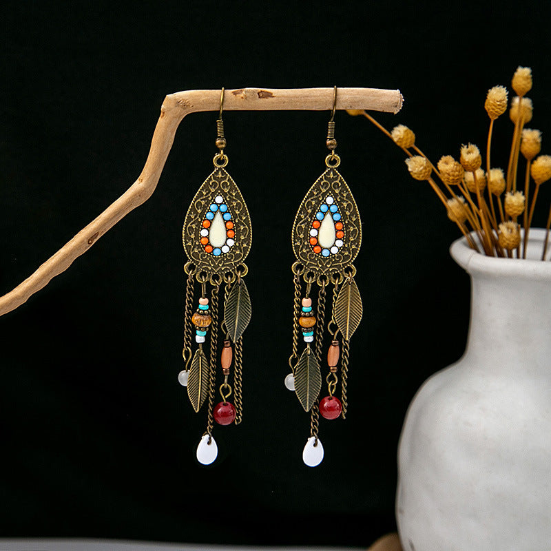 Wholesale Turquoise Earrings Bohemian Feather Tassel Drop Earrings ACC-ES-MDD014