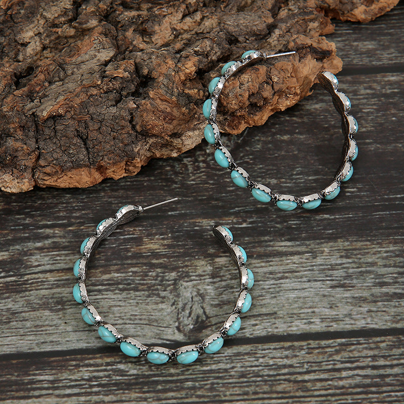 Wholesale Retro Western Style Turquoise Large Circle C- shaped Turquoise Earrings