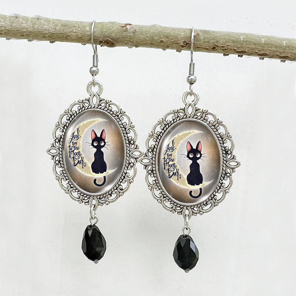 Wholesale Halloween Stainless Steel Ear Hook Oval Lace Pumpkin Black Cat Moon Metal Earrings ACCVIP-ES-XiangLian005