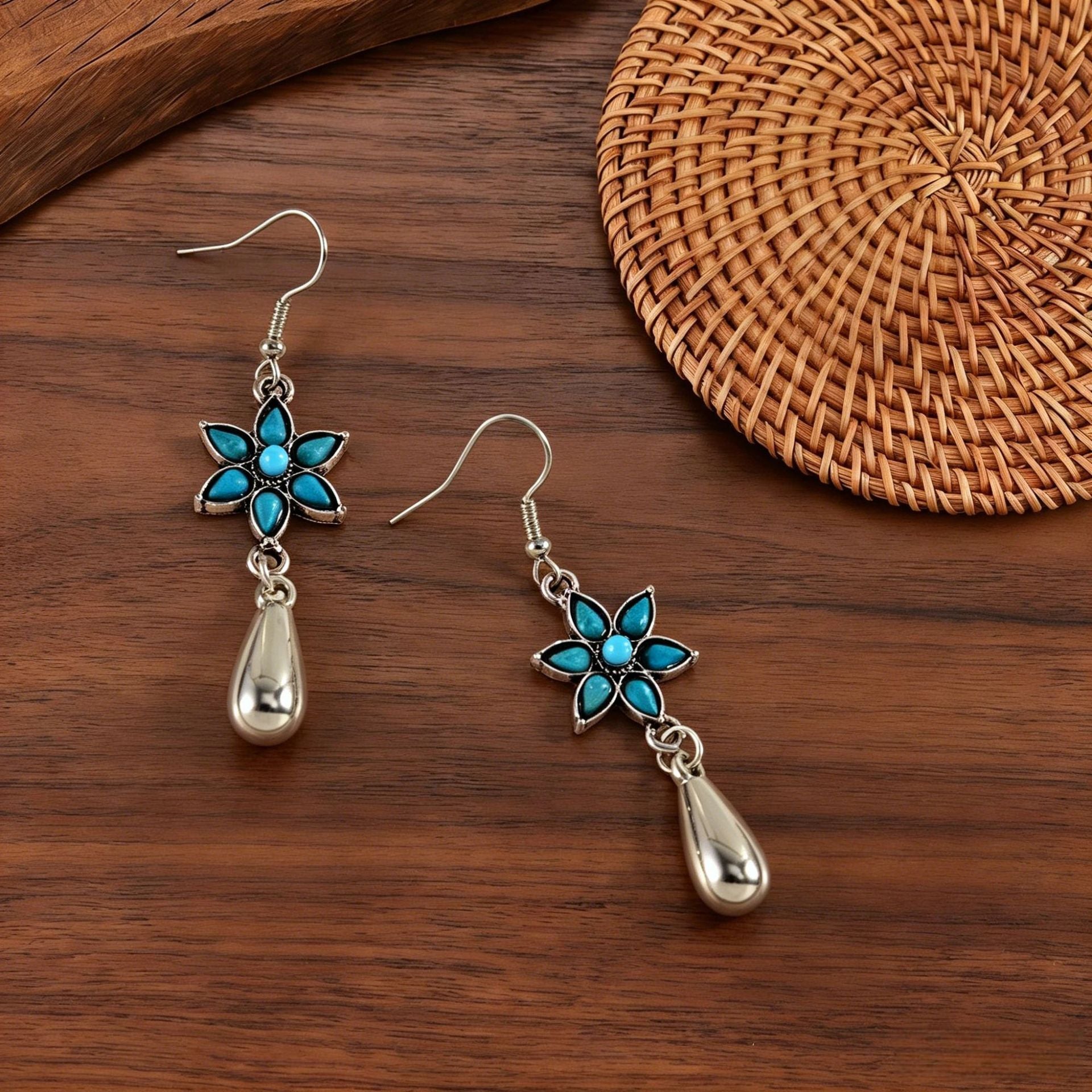 Wholesale Retro Blue Flower Turquoise Earrings Boho Chic Fashion Accessory Boutique Resale Gift