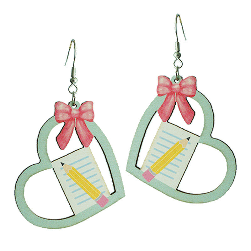 Wholesale 2 Pairs/Pack Heart Shape Bow Book Pencil Apple Wood Earrings ACC-ES-HY099