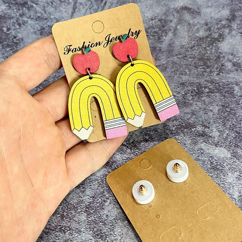 Wholesale Teacher's Day Wooden Earrings Leopard Print Pencil Apple Stitching Earrings ACC-ES-XinChuan029