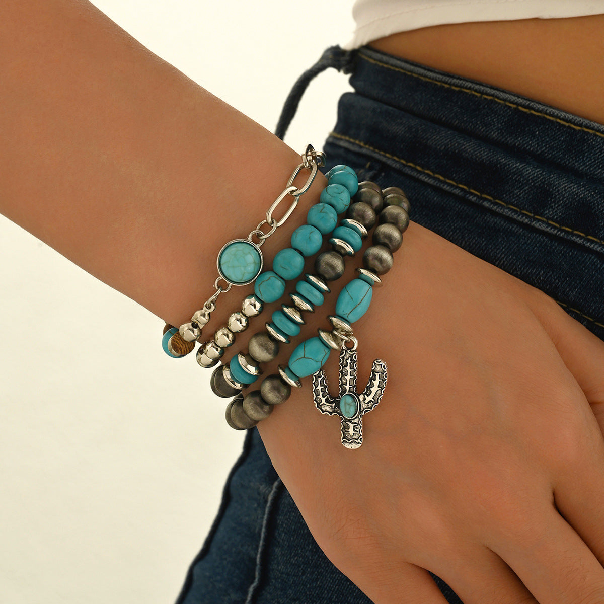 Wholesale Retro Cowboy Turquoise Bracelet Set Women S Handmade Engraved Metal Jewelry 5 Piece Gift Everyday Wear