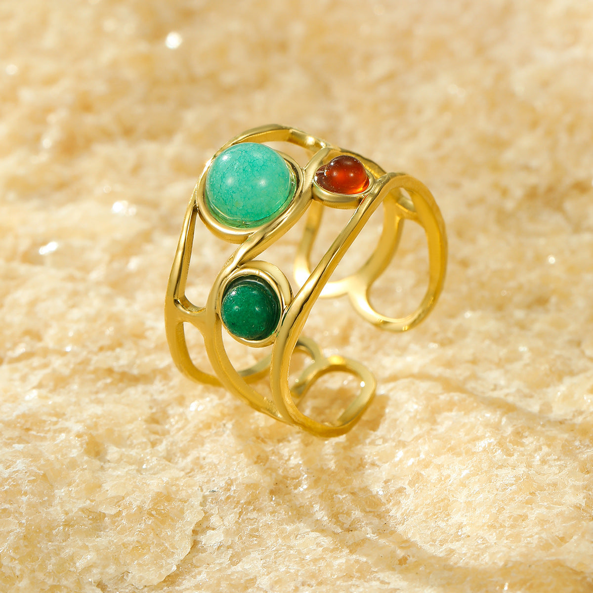Wholesale natural stone ring plated 18k gold stainless steel  open ring