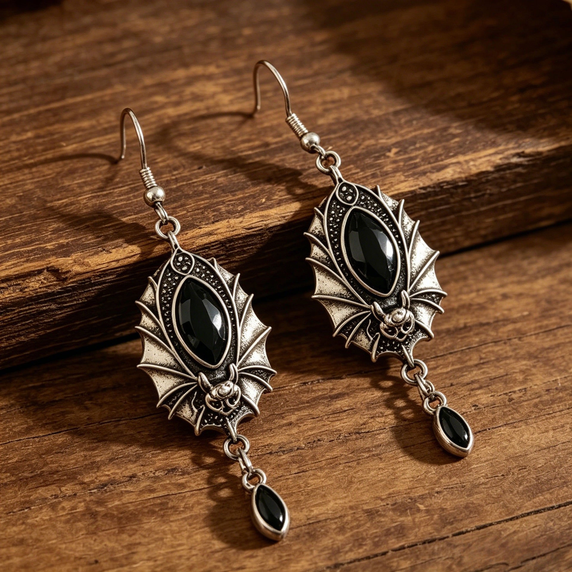 Wholesale Antique Silver Plated Bat Earrings,  Black Crystal Gothic  Witch Style,  Boutique Resale Jewelry Accessory