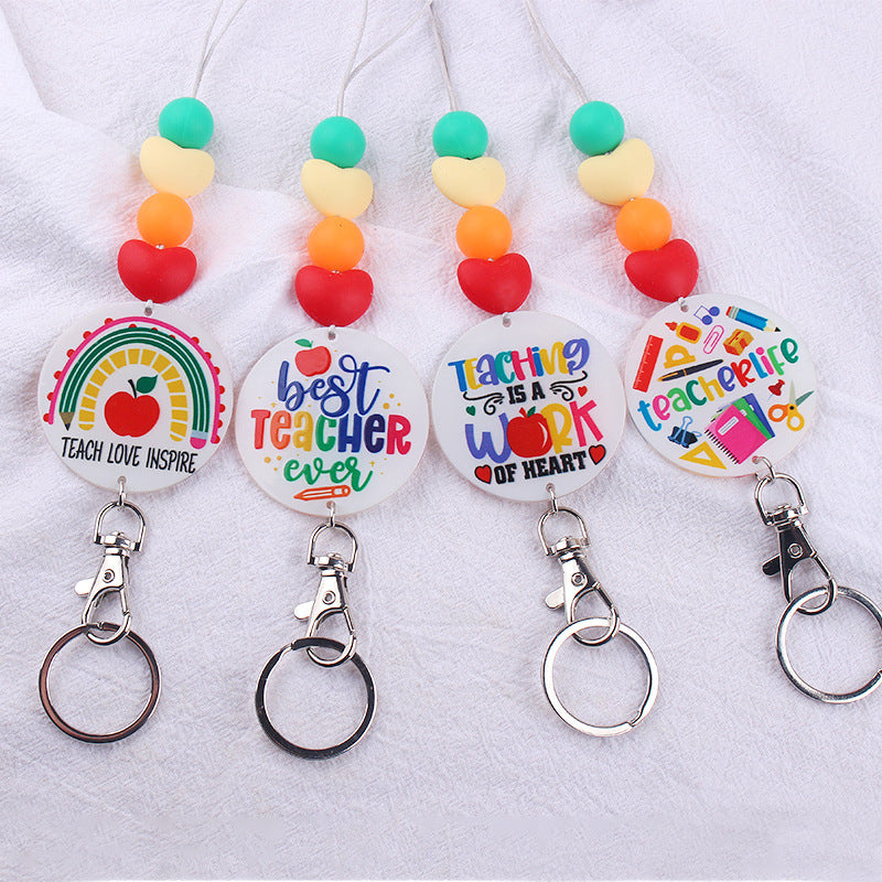 Wholesale Teacher Rainbow Necklace Pendant Cartoon Silicone Beaded Keychain Lanyard Keychain Teacher's Day Bulk Keychains ACC-KC-GuangTian043