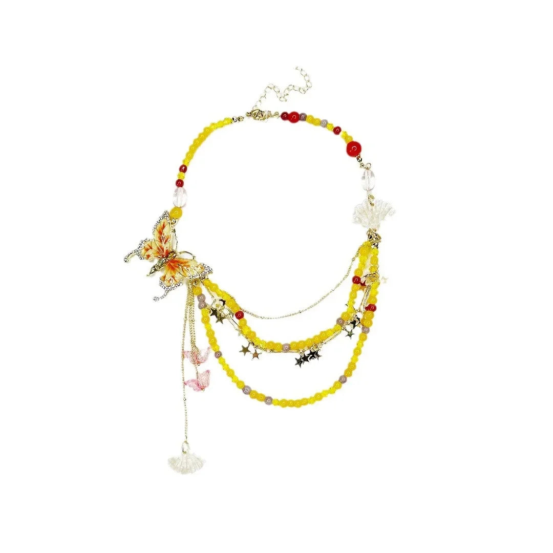 Wholesale  Diamond-encrusted Butterfly Pearl Double Layer Stacked  Necklace