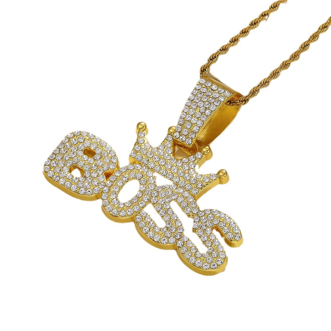 Wholesale Hip-hop Style Full Diamond Crown Letter Pendant Necklace Men's Cuban Chain ACC-NE-MeiWeite008