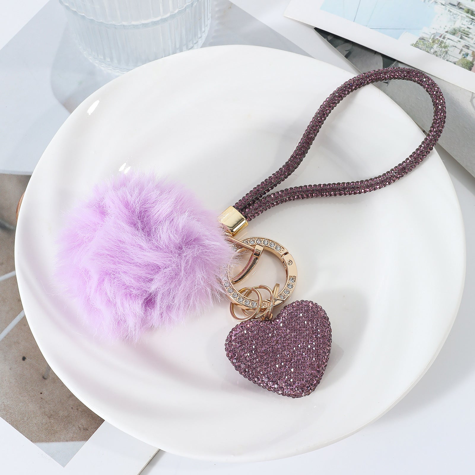 Wholesale Pom Pom Heart-shaped   rhinestone-encrusted keychain